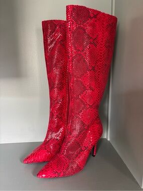 INC International Concepts Red Snake-Embossed Knee-High Stiletto Boots-Sz 7.5M